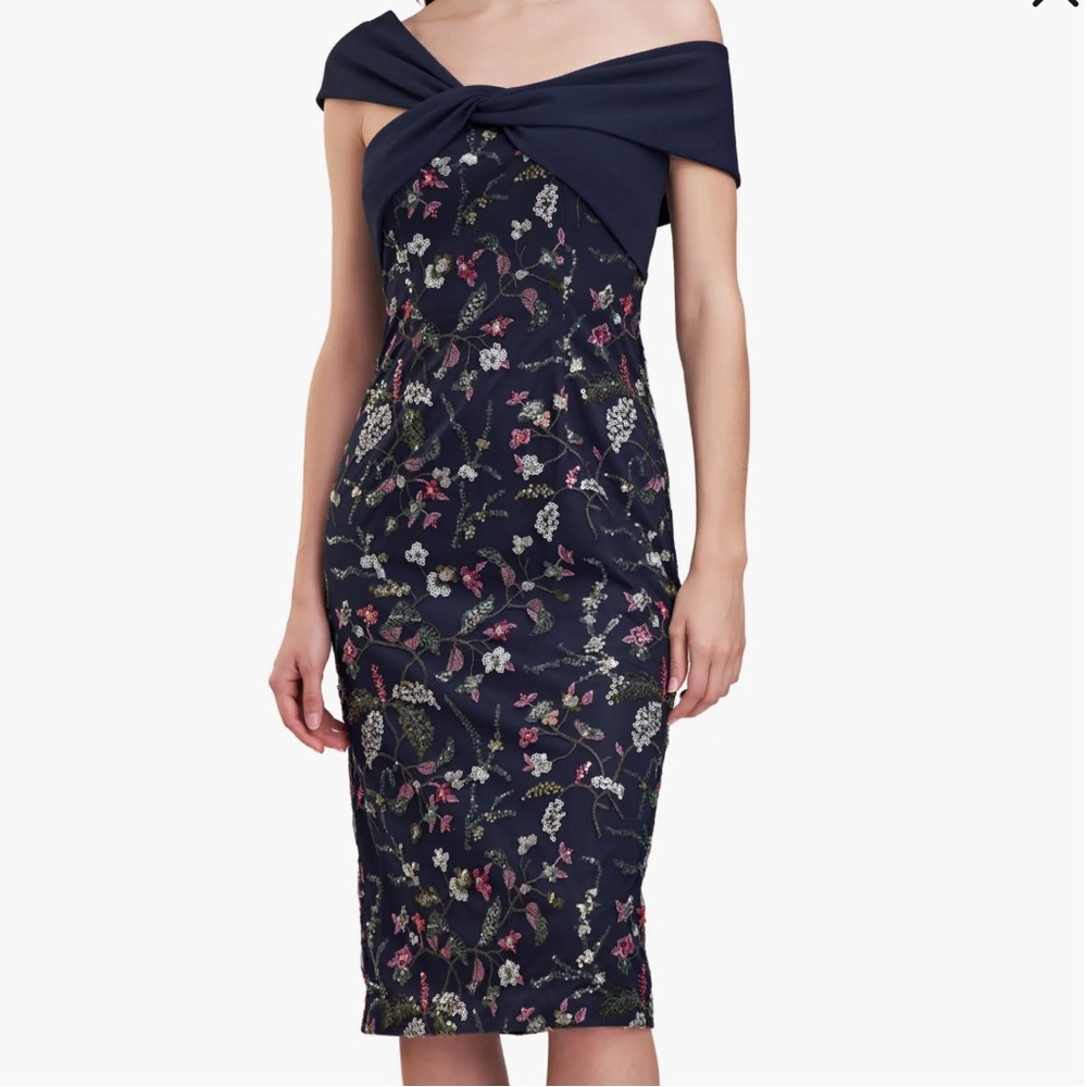 JS Collections Jeanne Floral Sequin Off Shoulder Midi Dress Navy Size 6 NWOT